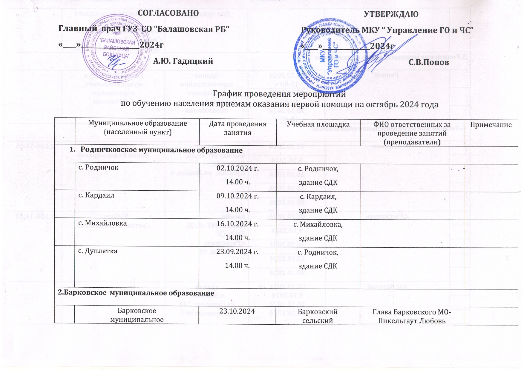 График проведения мероприятий по обучению населения приемам оказанию первой медицинской помощи  на октябрь 2024 года.