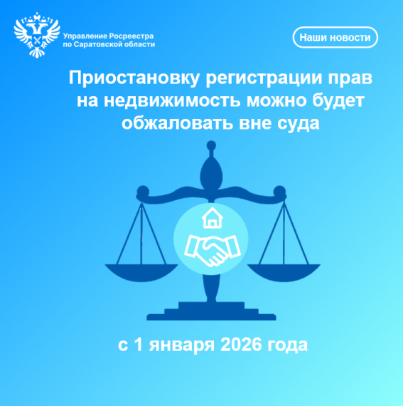 Приостановку регистрации прав на недвижимость можно будет обжаловать вне суда с 1 января 2026 года. Приостановку регистрации прав на недвижимость можно будет обжаловать вне суда с 1 января 2026 года.